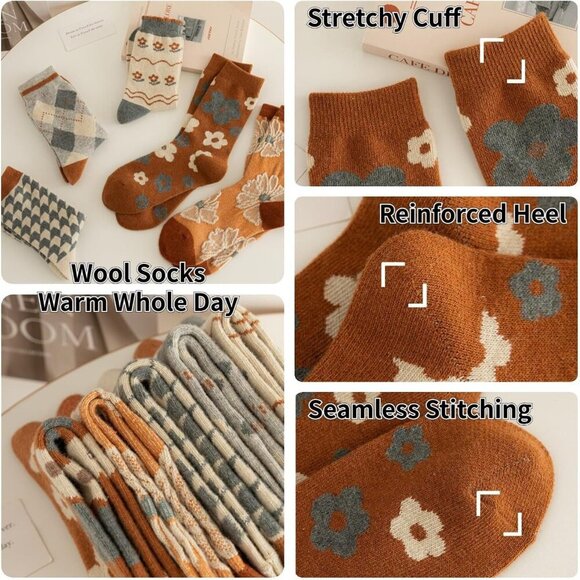 5/10 Pairs Wool Socks for Women Thick Knit Vintage Cute Floral Crew Socks - Picture 5 of 8